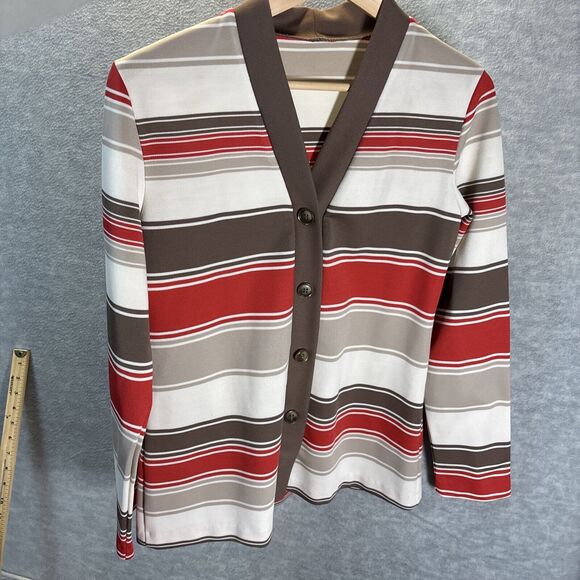 True Vintage 60s 70s Rust Orange Brown Cardigan Jacket Striped W’s S Disco Retro - Picture 11 of 11